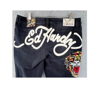 Ed Hardy Tiger Design Women's 32 (35x32) Slim Flare Denim Jeans Black Distressed